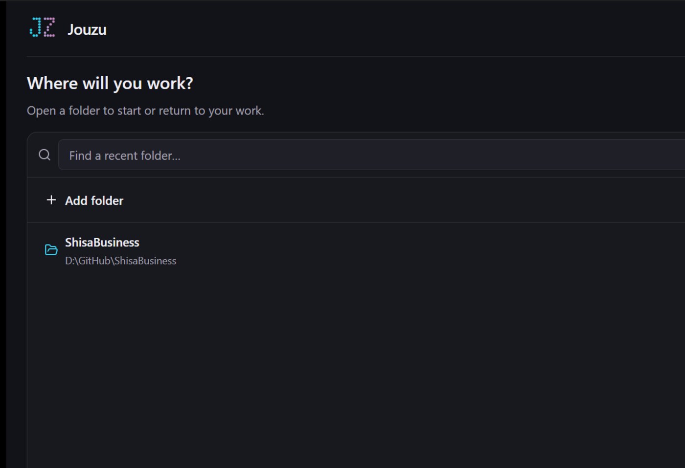 The Jouzu desktop launcher asking which folder to work in