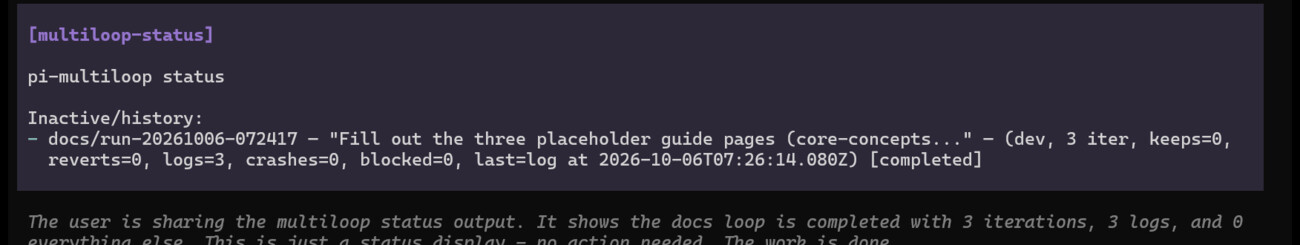 multiloop status showing a completed run with its iteration tally