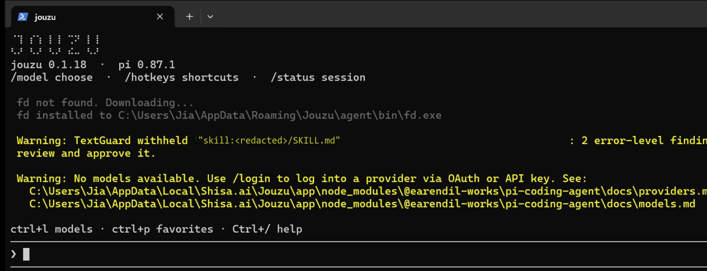 A Jouzu session showing TextGuard withholding a skill with two error-level findings