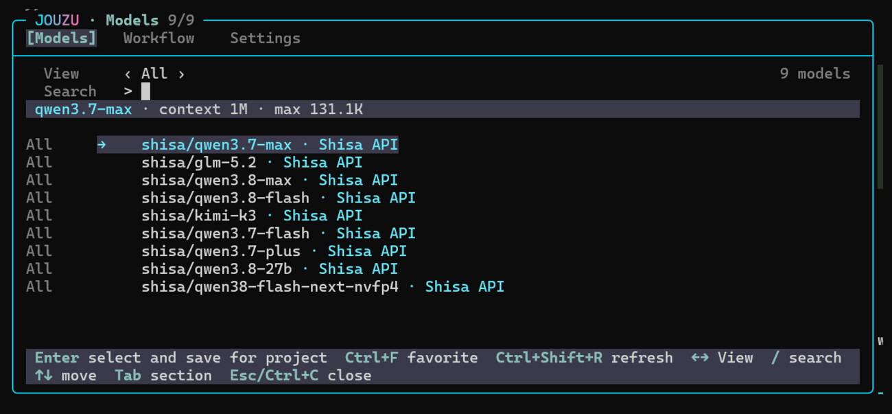 The Jouzu model picker showing nine models, each served via Shisa API