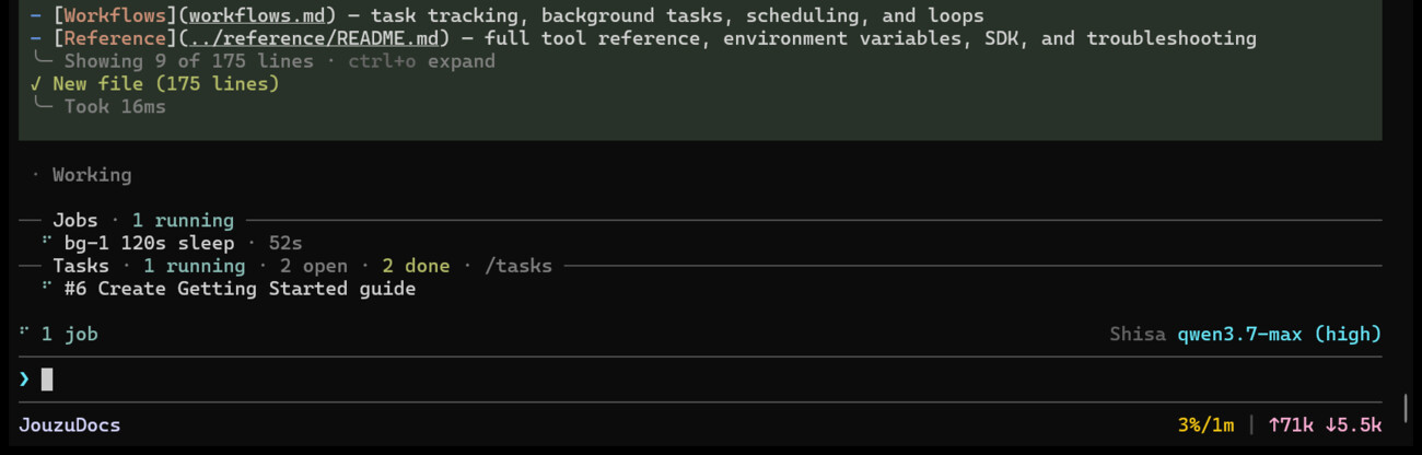 The Jouzu session line showing one background job running and a task list part-complete